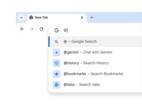 A dropdown with shortcuts for History, Bookmarks, and Tabs.